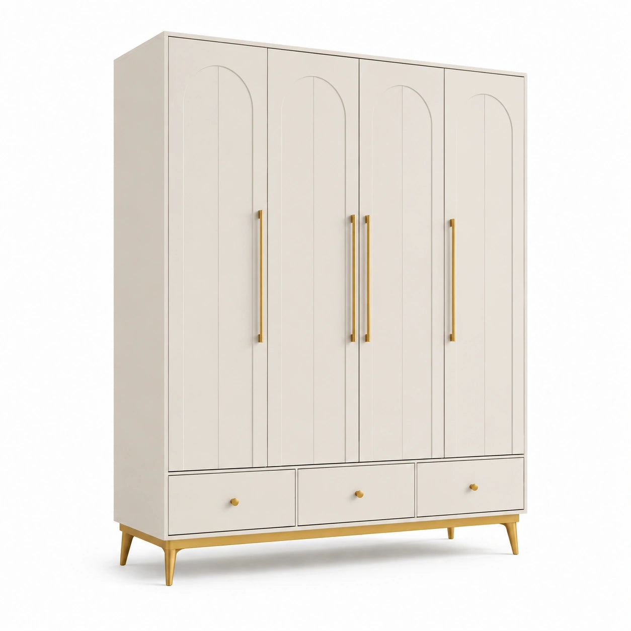 Armario de madera con puertas y cajones MDF, color blanco marfil y dorado, 200 cm x 160 cm x 50 cm