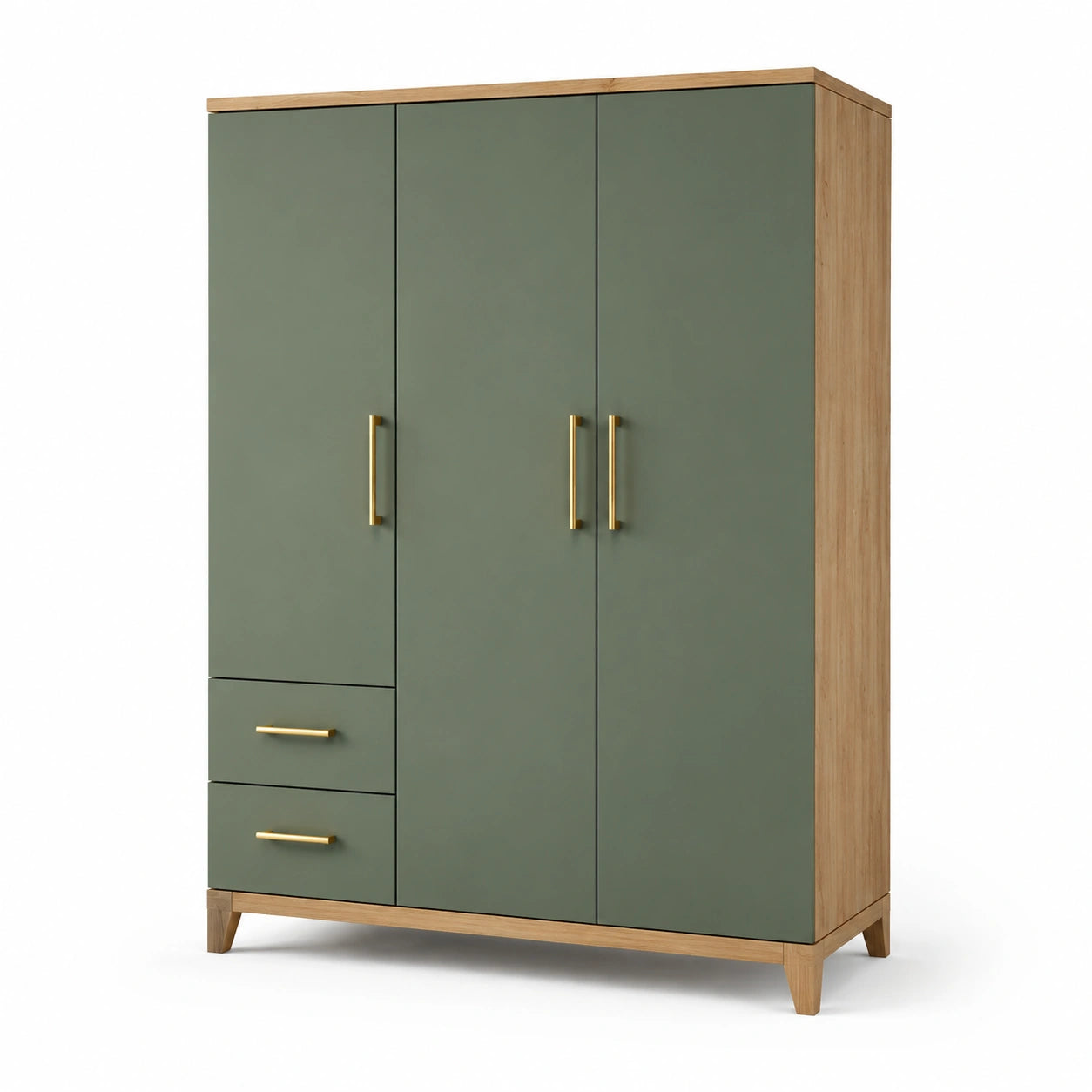 Armario de 3 puertas y 2 cajones verde y roble con estructura de MDF