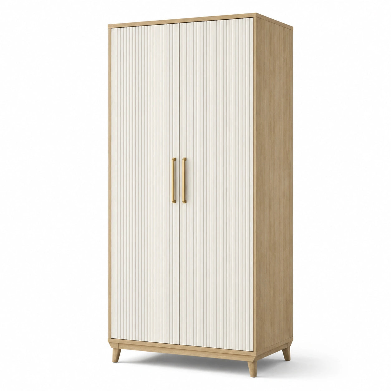 Armario de madera con puertas ranuradas y tiradores dorados 180x80x50 cm