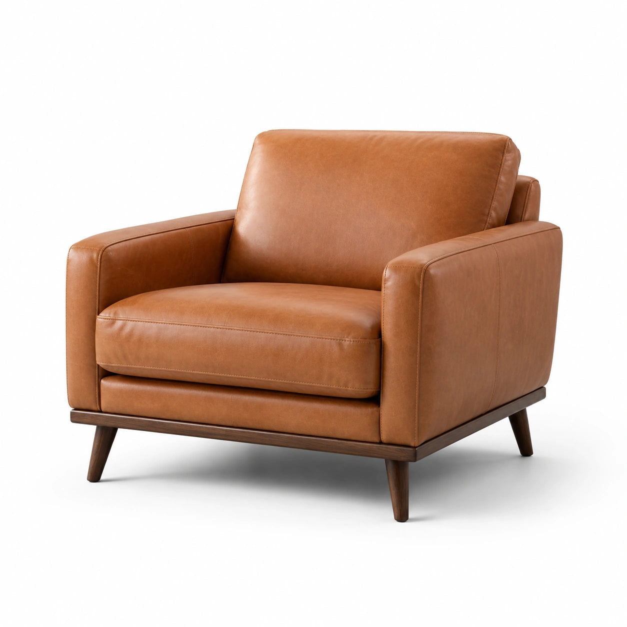Sillón de cuero sintético marrón con patas de madera