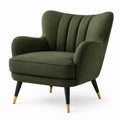 Sillón tapizado en poliéster verde oscuro con patas de metal negro y detalles dorados