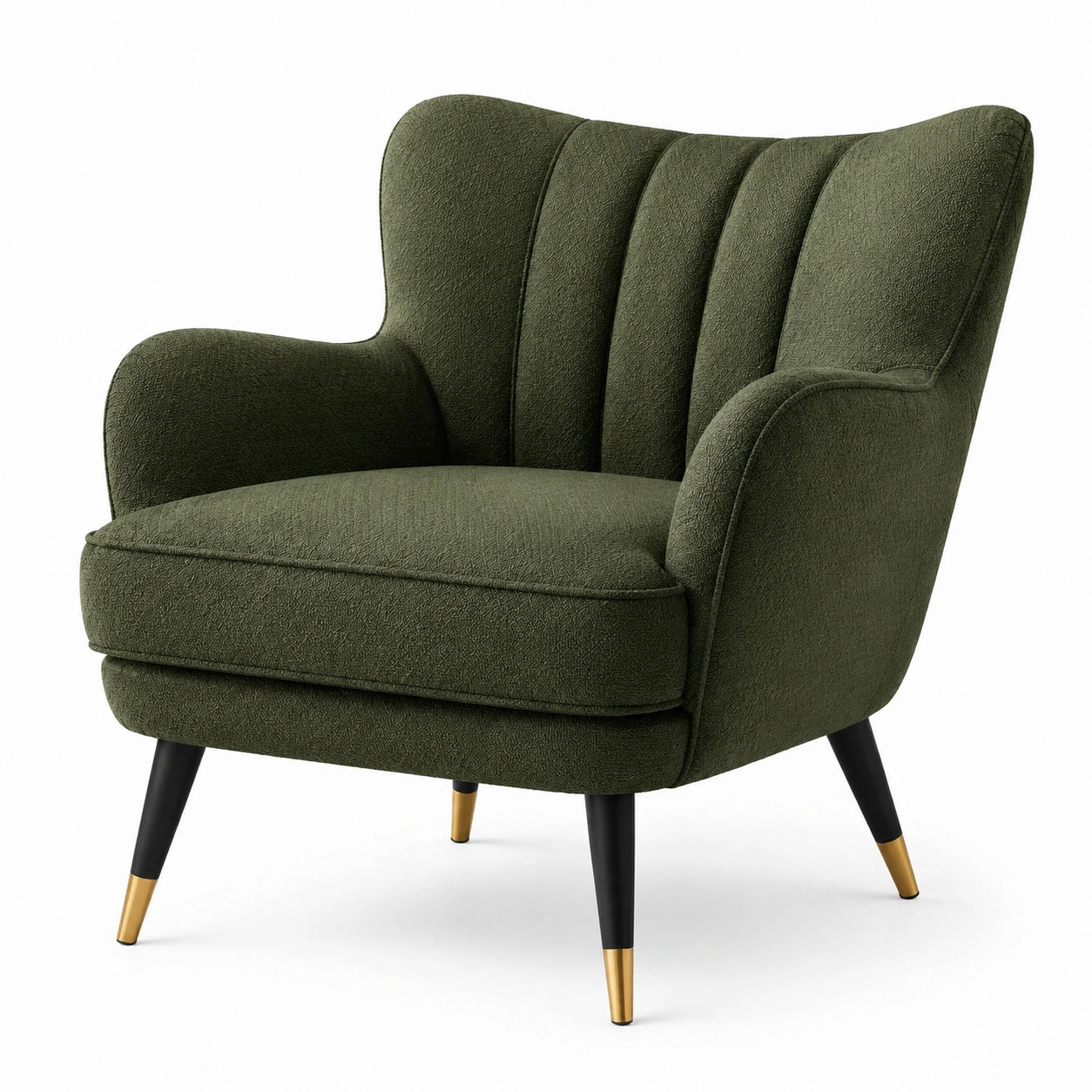 Sillón tapizado en poliéster verde oscuro con patas de metal negro y detalles dorados