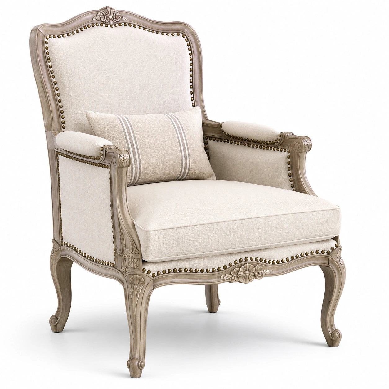 Sillón de lino beige con madera tallada y cojín