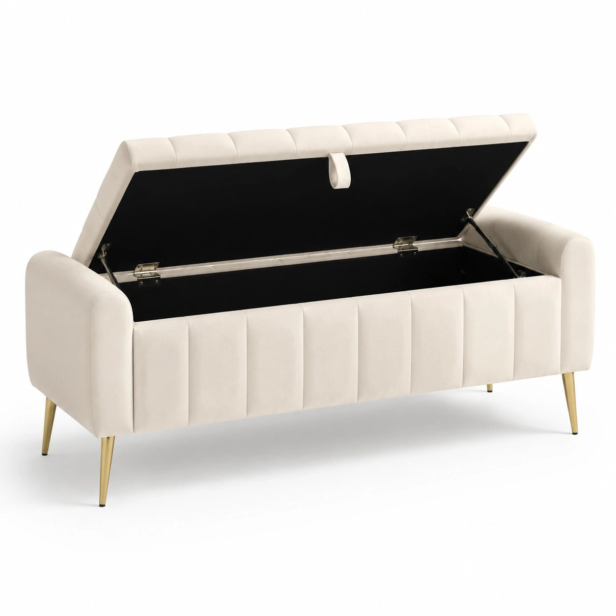 Banco de almacenaje de terciopelo beige con patas de metal dorado