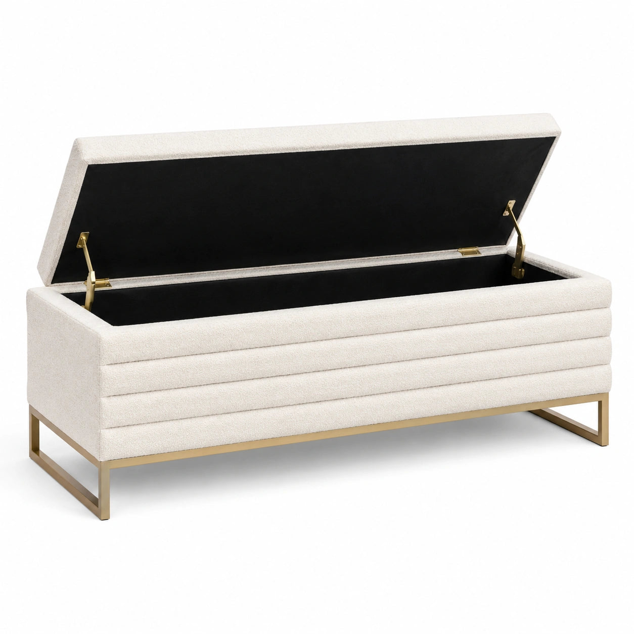 Baúl de almacenamiento de poliéster beige con estructura de metal dorado