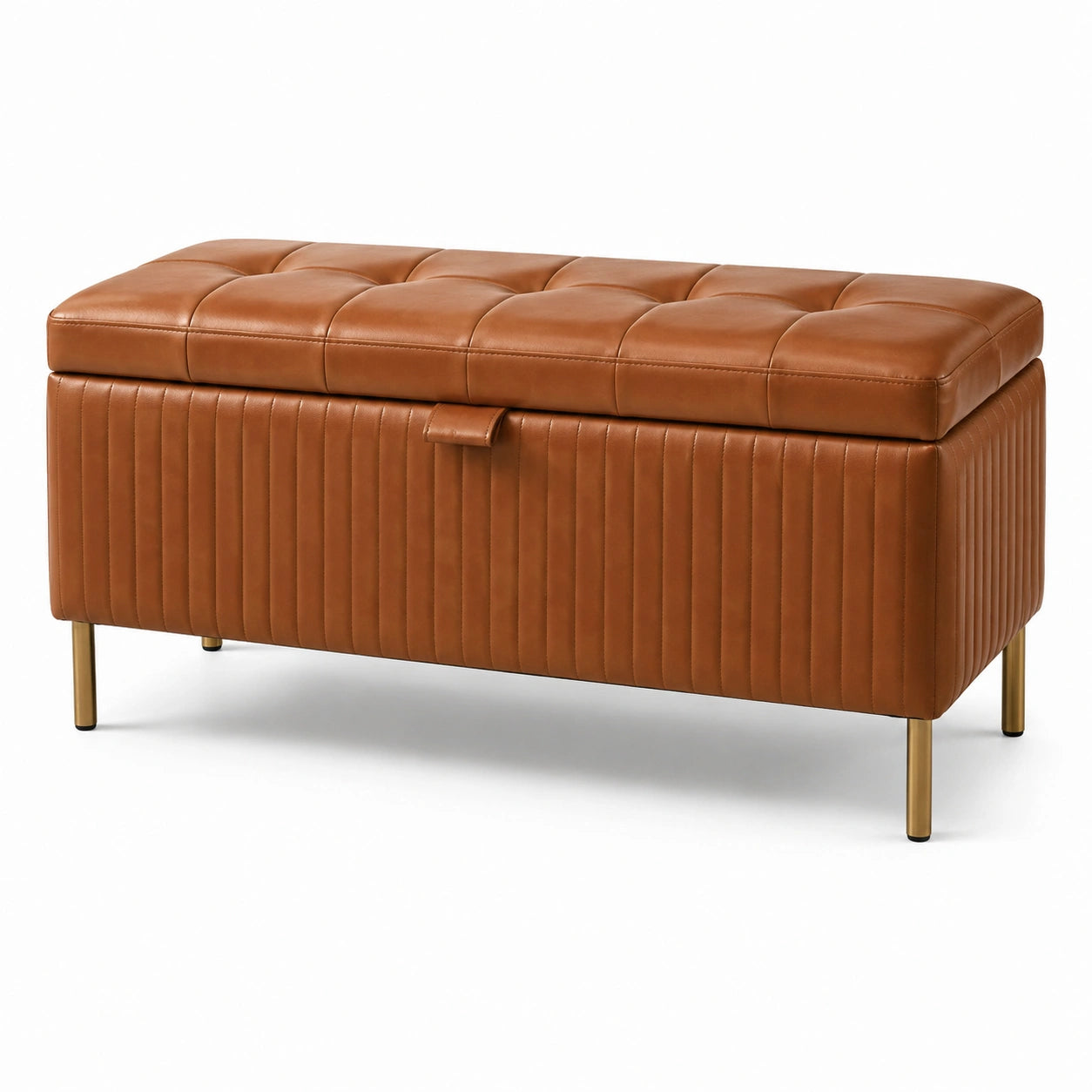 Banco de piel sintética marrón con almacenamiento y patas de metal 120x40x45 cm