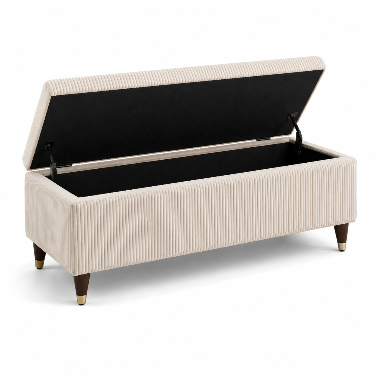 Banco de almacenamiento tapizado en terciopelo de canalé beige con patas de madera