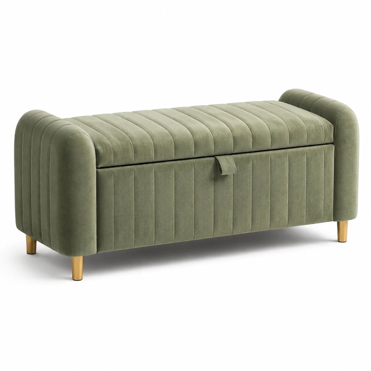Banco de almacenamiento de terciopelo verde con patas de metal dorado