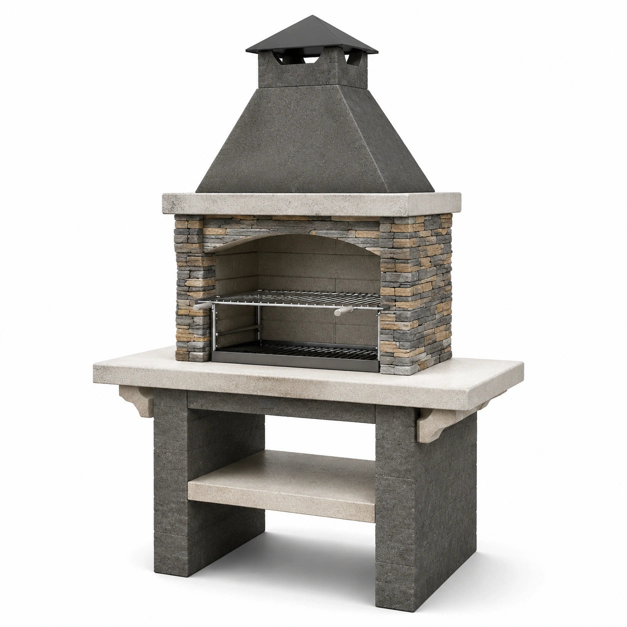 Barbacoa de piedra natural gris con estantería y chimenea