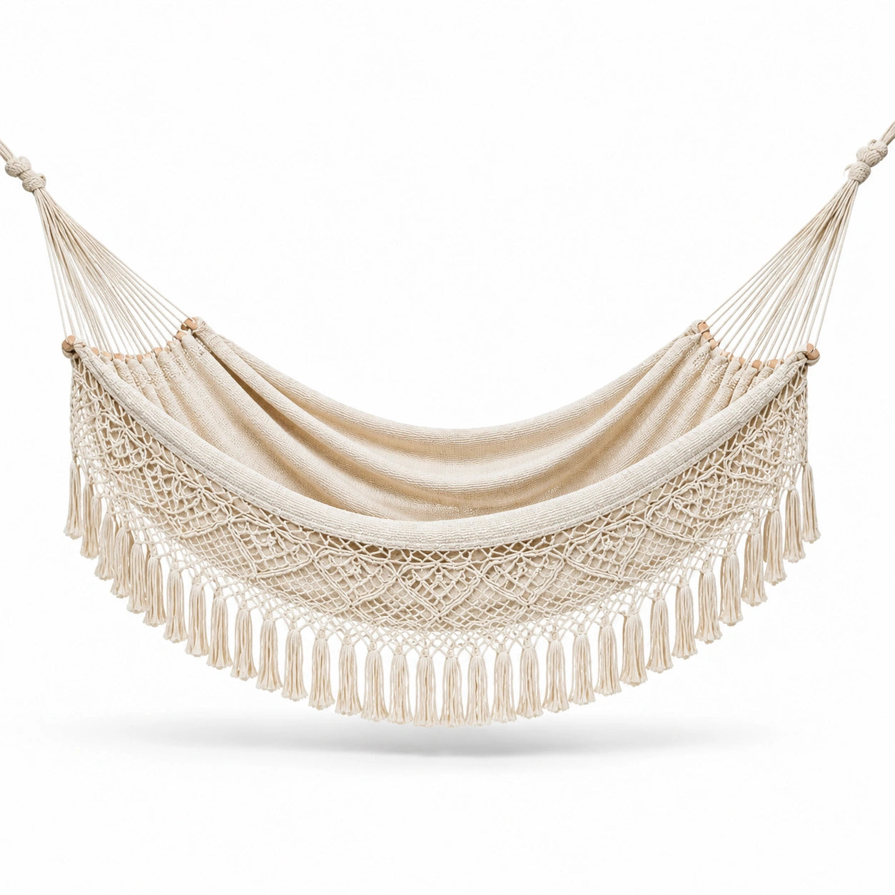 Hamaca de algodón tejido beige con flecos 200x150 cm
