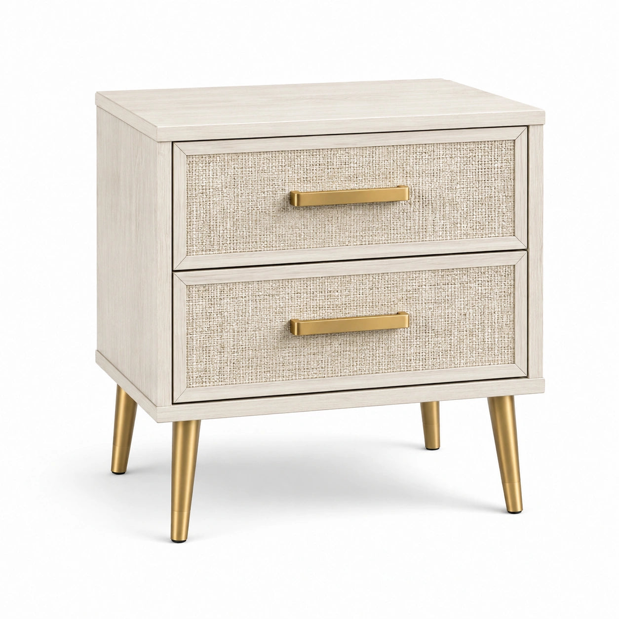 Mesita de noche de madera y tela de lino beige con patas metálicas doradas