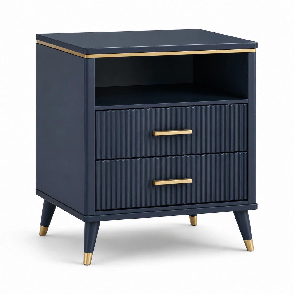 Mesita de noche de madera MDF y metal azul con detalles dorados