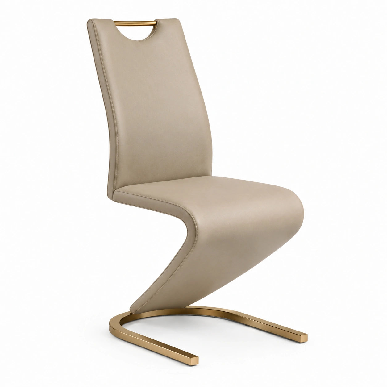Silla de comedor en cuero sintético beige con base metálica dorada