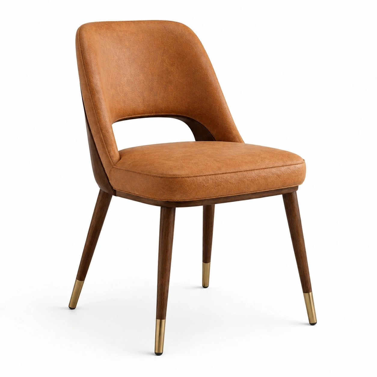 Silla de comedor de cuero sintético marrón con patas de madera y detalles de metal